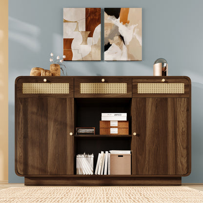 Dressoir – Sideboard – Opbergkast – Ladekast – Buffetkast – Notenhout Met Rattan Details – 120x40x85 Cm – Verstelbare Planken