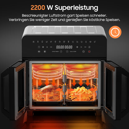 XXL Airfryer – Friteuse – Heteluchtoven – Elektrische Oven – Kooktoestel – Zwart – 23 Liter Inhoud – Dubbele Kookzones Met LED Touchscreen