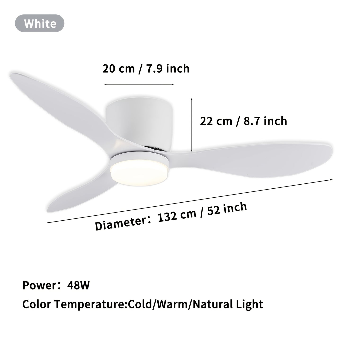 Plafondventilator – Ventilator Plafond – Ventilator Met Verlichting – Plafondventilator Met Afstandsbediening – Dimbare LED Verlichting – 132 cm Diameter – 6 Snelheden – Modern Wit Design