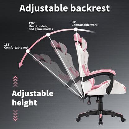 Gamingstoel – Gamestoel – Gaming Chair – Game Stoel – Bureaustoel – Ergonomisch Design – Verstelbare Rugleuning en Lendensteun – Roze/Wit
