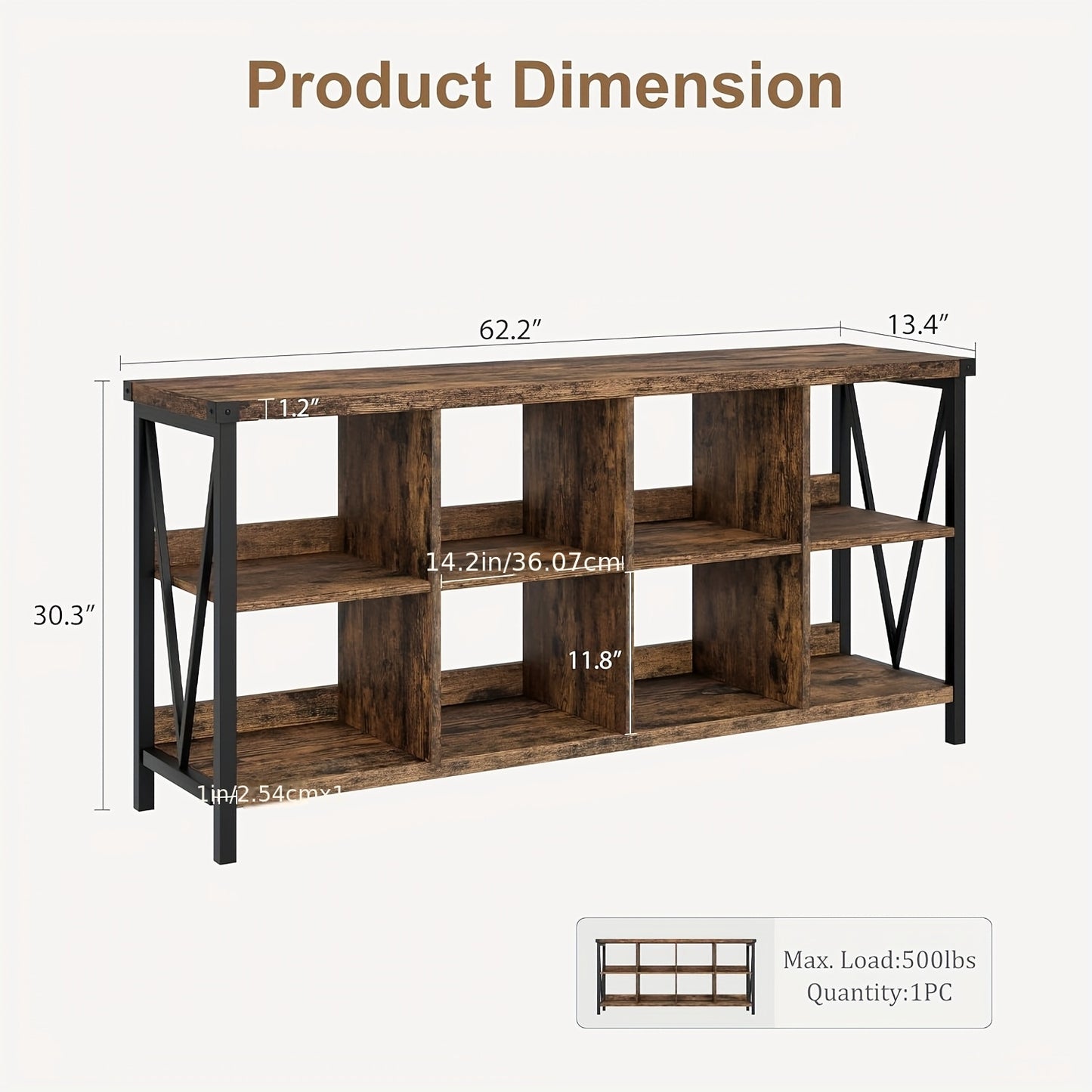Boekenkast – Vakkenkast – Opbergkast – Boekenrek – Wandkast – 8 Vakken – Rustiek Bruin Hout – Metaal Frame – Laag Ontwerp – Eenvoudige Montage