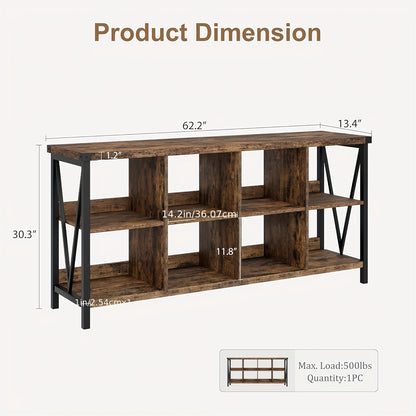 Boekenkast – Vakkenkast – Opbergkast – Boekenrek – Wandkast – 8 Vakken – Rustiek Bruin Hout – Metaal Frame – Laag Ontwerp – Eenvoudige Montage