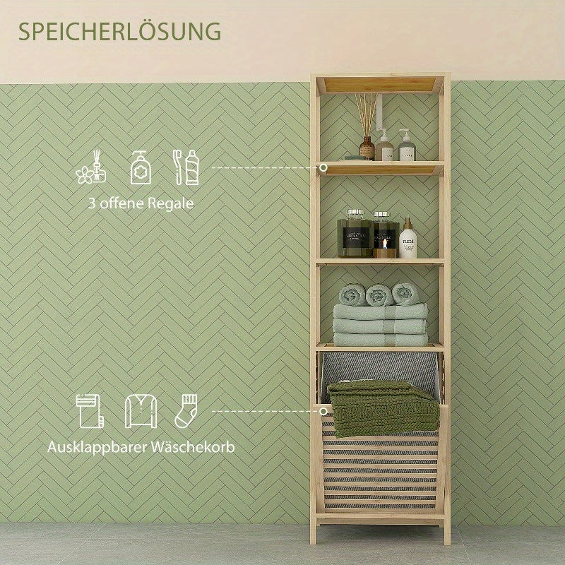 Badregal – Opbergrek – Bamboo Kast – Badkamermeubel – Plankenrek – Ruimtebesparend – Met Uitneembare Stoffen Manden – 44x33x160 cm Stabiel Met Metaalversterking