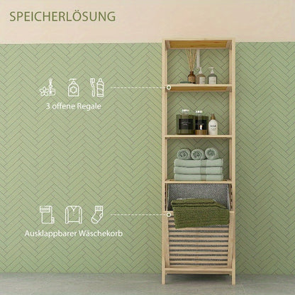 Badregal – Opbergrek – Bamboo Kast – Badkamermeubel – Plankenrek – Ruimtebesparend – Met Uitneembare Stoffen Manden – 44x33x160 cm Stabiel Met Metaalversterking