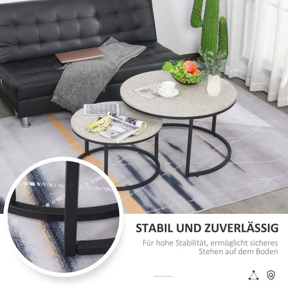 Bijzettafel – Bijzettafels – Salontafel – Sidetable – Banktafel – Industrieel Design – Metalen Frame – Betonlook – Set Van 2 Ronde Tafels