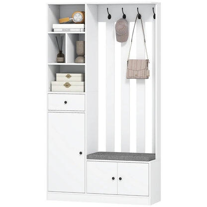 180cm Tall Entrance Hall Wardrobe Set | With Clothes Rack, Upholstered Shoe Bench, 4 Hooks, 4 Open Shelves, Shoe Rack, Chest Of Drawers, Hallway Furniture, Bench With Storage Space, White, European Style