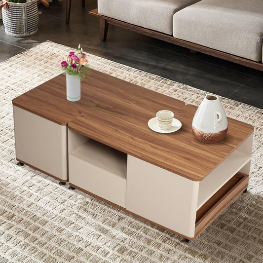 Salontafel – Koffietafel – Bijzettafel – Woonkamertafel – Sofa Tafel – Multifunctioneel Met Opbergruimte – 12 Zwenkwielen Met Remmen – Compact Beige Design