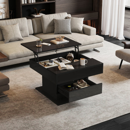 Geometric Coffee Table, 360° Rotating Top, Lift-Up Coffee Table with 1 Drawer, High-Gloss Living Room Table with Hidden Storage, Sofa Table, Side Table, Black