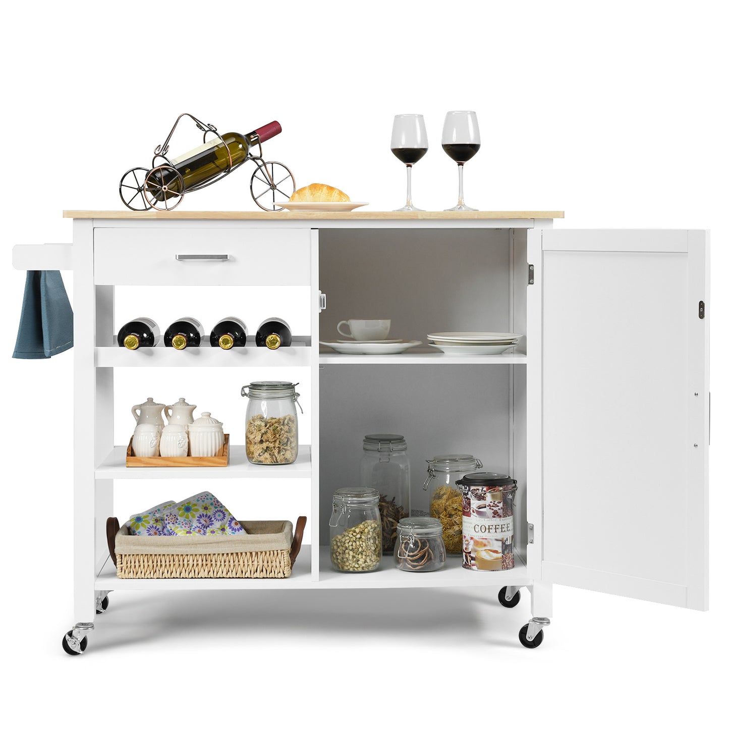 Kunststof Keukentrolley – Keukenwagen – Serveerwagen – Keukeneiland – Rolwagen – Met Wijnrek & Handdoekhouder – Robuust Houten Werkblad – Wielen Met Rem