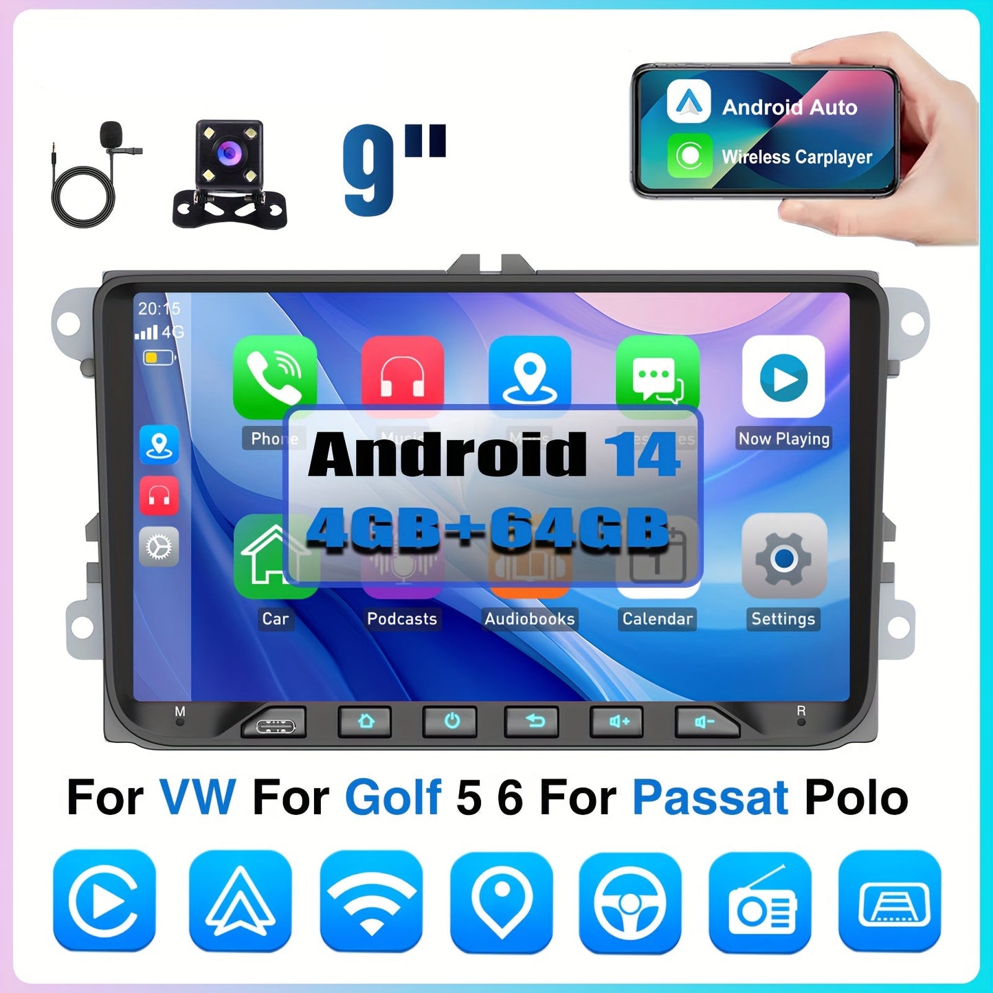Multifunctionele Auto Multimedia Speler – Autostereo – Navigatiesysteem – Touchscreen Radio – Inbouw Dashboard Unit – 9 Inch IPS Scherm – Android 14 Met Wireless Carplay & Achteruitrijcamera