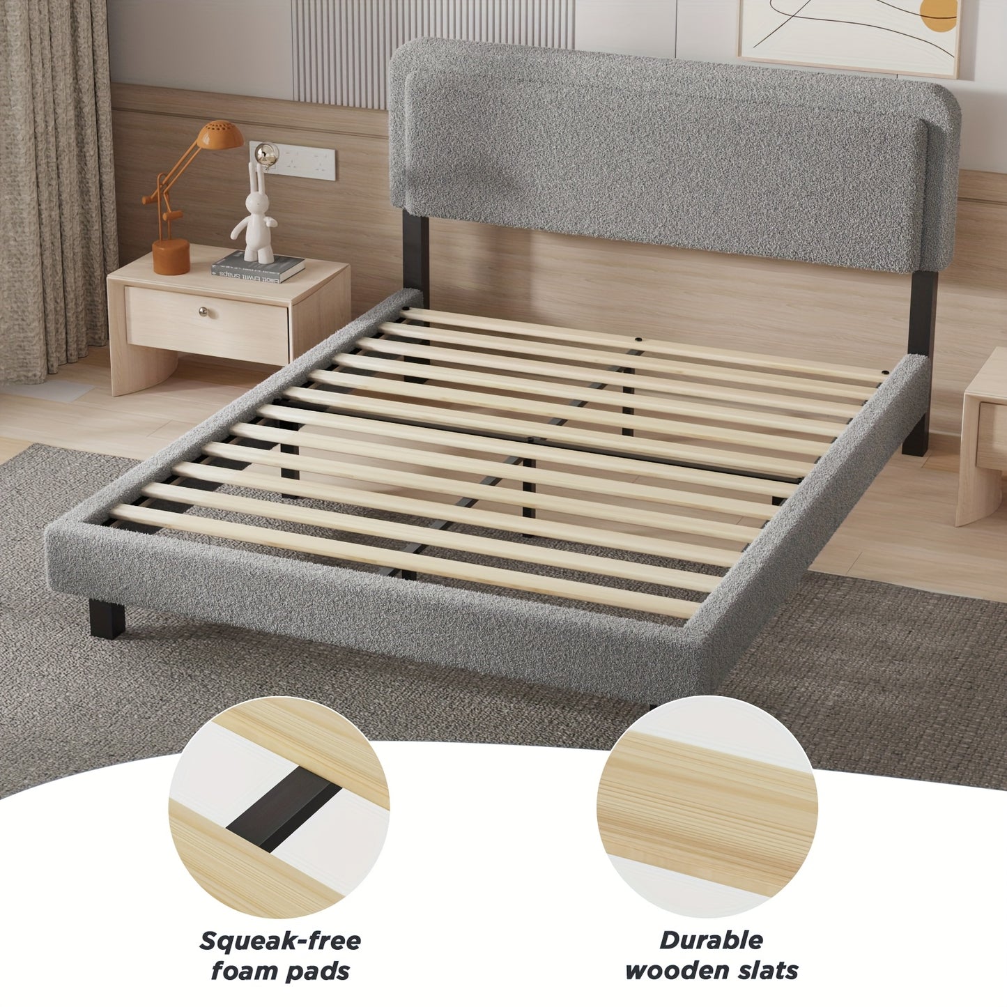 Contemporary Bed Frame with a Gray Sherpa Fleece Headboard, Single Size 90×200Cm, Featuring a Soft Fabric Design And a Detachable Backrest.