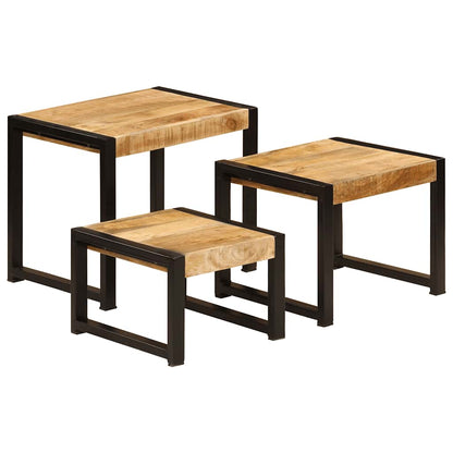 Set Van 3 Tafels – Bijzettafel – Nachtkastje – Salontafel – Tafel – Massief Mangohout – Stalen Frame – Ruimtebesparend – Uniek Bruin