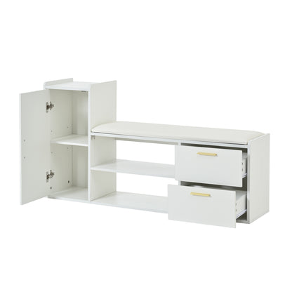 BTM Shoe Cabinet 128×30×68 Cm, in White with Shoe Bench, 2 Drawers & 1 Closet, Open 2-Tier Shoe Rack with Upholstered Seat Bench, Storage Furniture for Hallway, Living Room Or Office