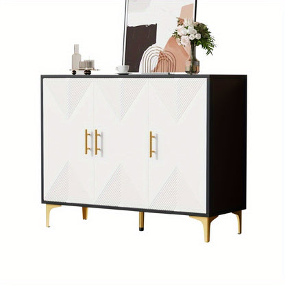 Modern Metallic Sideboard Cabinet - Elegant White & Golden Accent Storage with Doors, Non-Wood Furniture for Living Room, Bedroom, Dining Room - Easy Assembly Required, Preppy Room Decor, Bedroom Organizer, Classic Striped Do