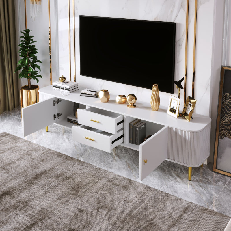 TV-meubel – TV-kast – Media meubels – Meubel voor televisie – Tv-standaard – Wit met gouden accenten – Afgeronde hoeken en golvende zijkanten – Ruime opbergruimte en compact design