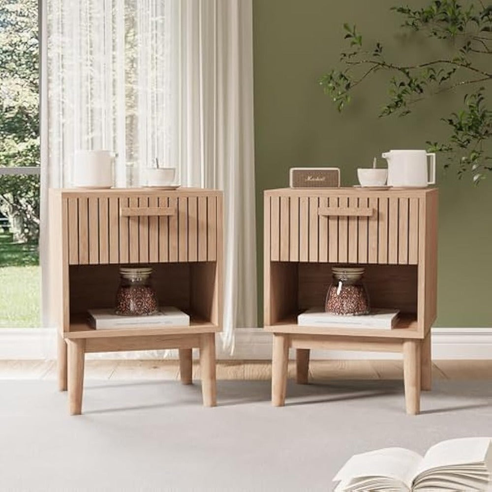 Nachtkastje – Bijzettafel – Bedkastje – Wandkastje – Opbergkastje – Set van 2 – Hout en MDF – Met Lade en Open Vak