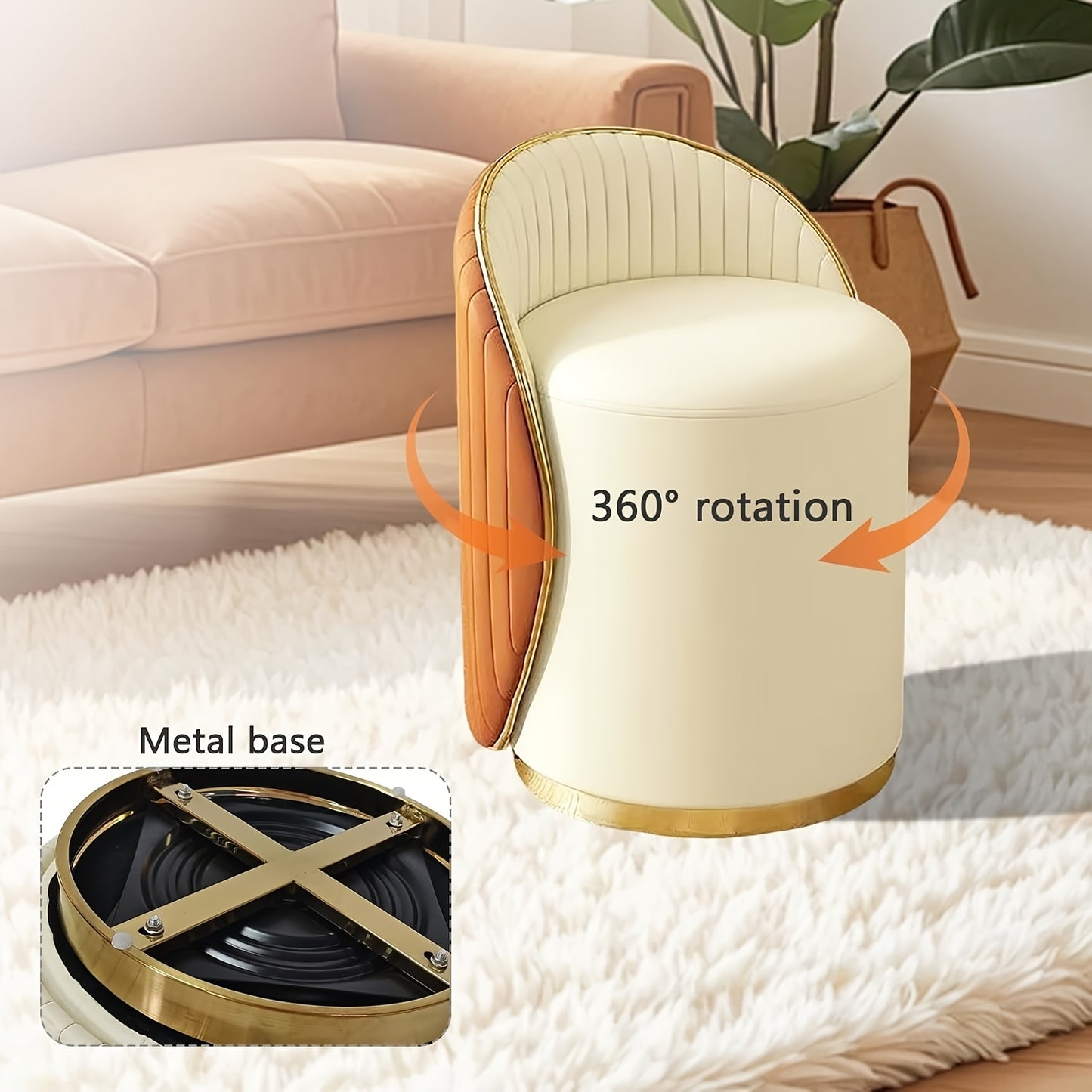 Modern 360° Swivel Makeup Stool with White & Golden Legs - Heavy-Duty Metal Frame & Leather-like Cover, Easy Assembly, Space-Saving Round Footrest, Stool for Living Room, Bedroom, Dressing Table - Multi-Functional Ottoman, U