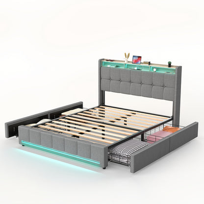 Bedframe – Bed – Led Bed – Opbergbed – Slaapkamer Meubel – 140x200 cm – RGB LED Verlichting – 4 Uitschuifbare Lades