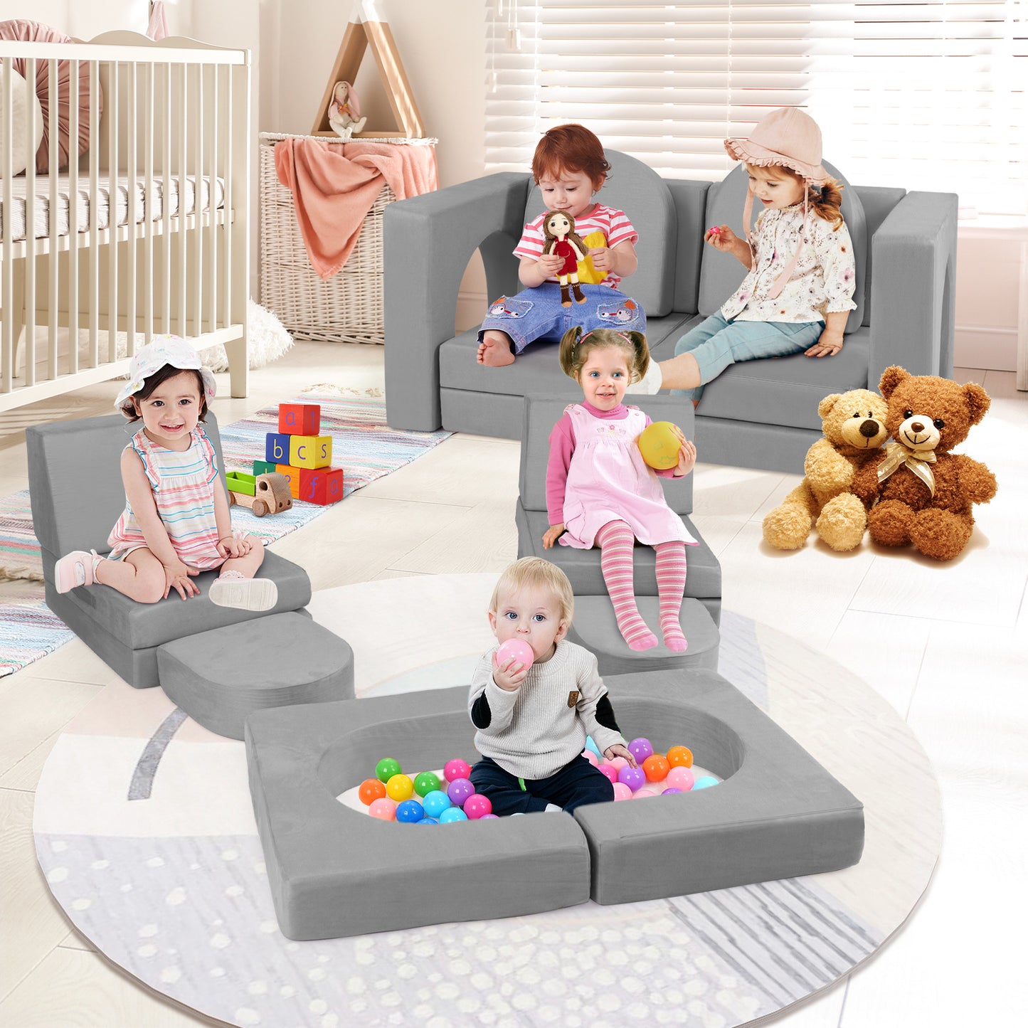 Speelset – Speelbank – Klimset – Zitzak – Speelhuis – Modulaire Kinderbank – Zachte Suède Bekleding – Wasbare Afneembare Hoezen