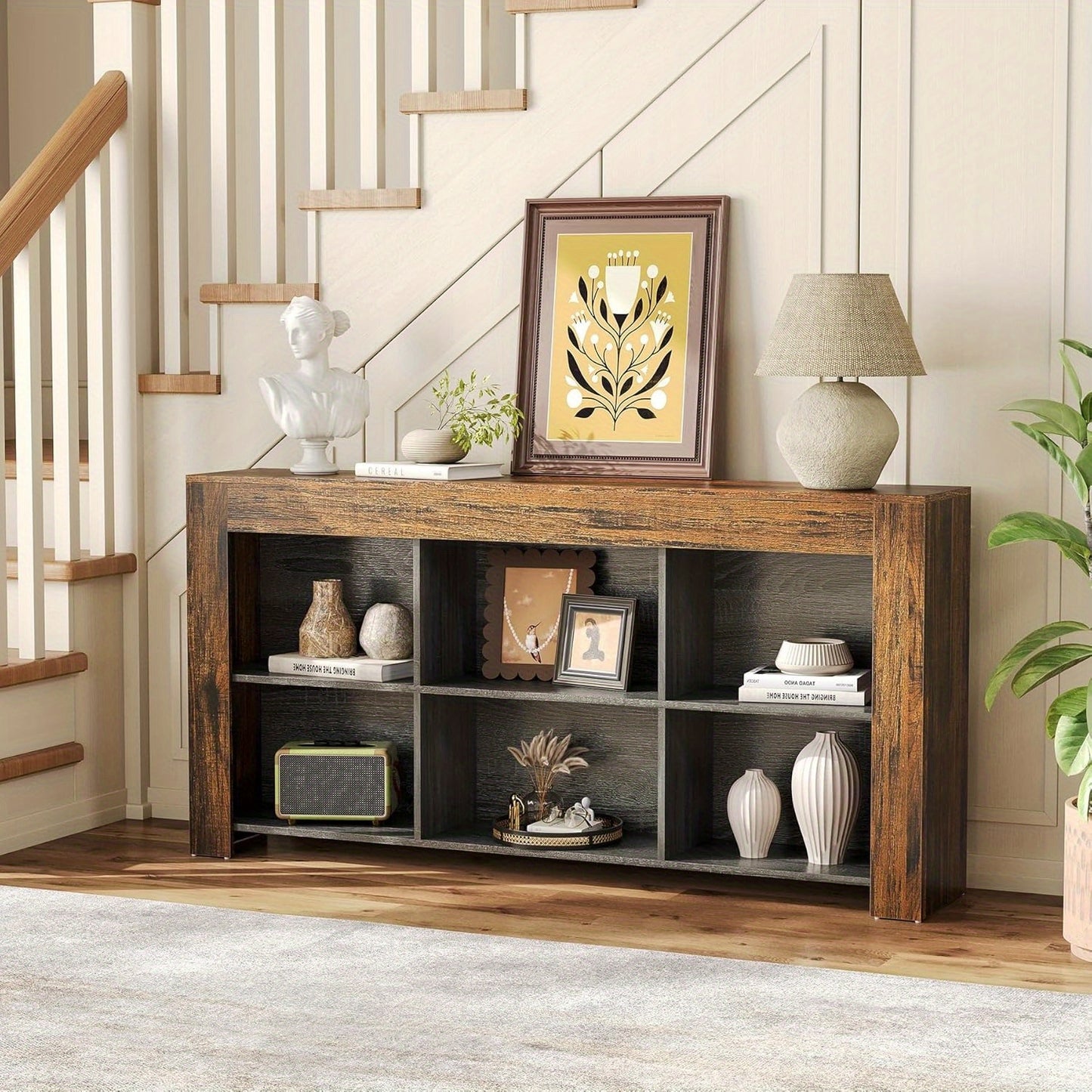 Sofatafel – Console Tafel – Bijzettafel – Sidetable – Wandtafel – 160 cm Lang – Houtvezelplaat & Hardhout – 2-laags Met 6 Opbergvakken – Smal Design Voor Hal Woonkamer
