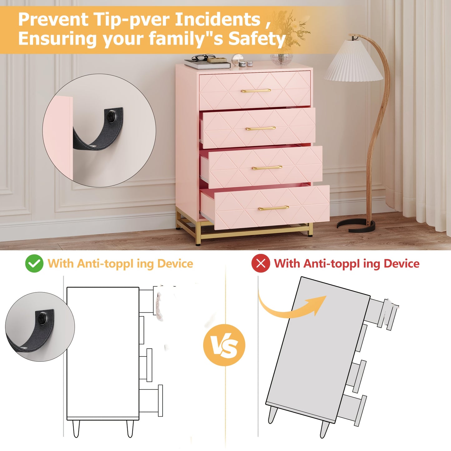 Ladekast – Dresser – Kast – Opbergkast – Ladekastje – Roze met Gouden Accenten – 3,2+ Kubieke Voet Opbergruimte – 68,5 cm Hoog – 2 Laden en 2 Planken – Stevig en Duurzaam – Eenvoudig Zelf Te Monteren