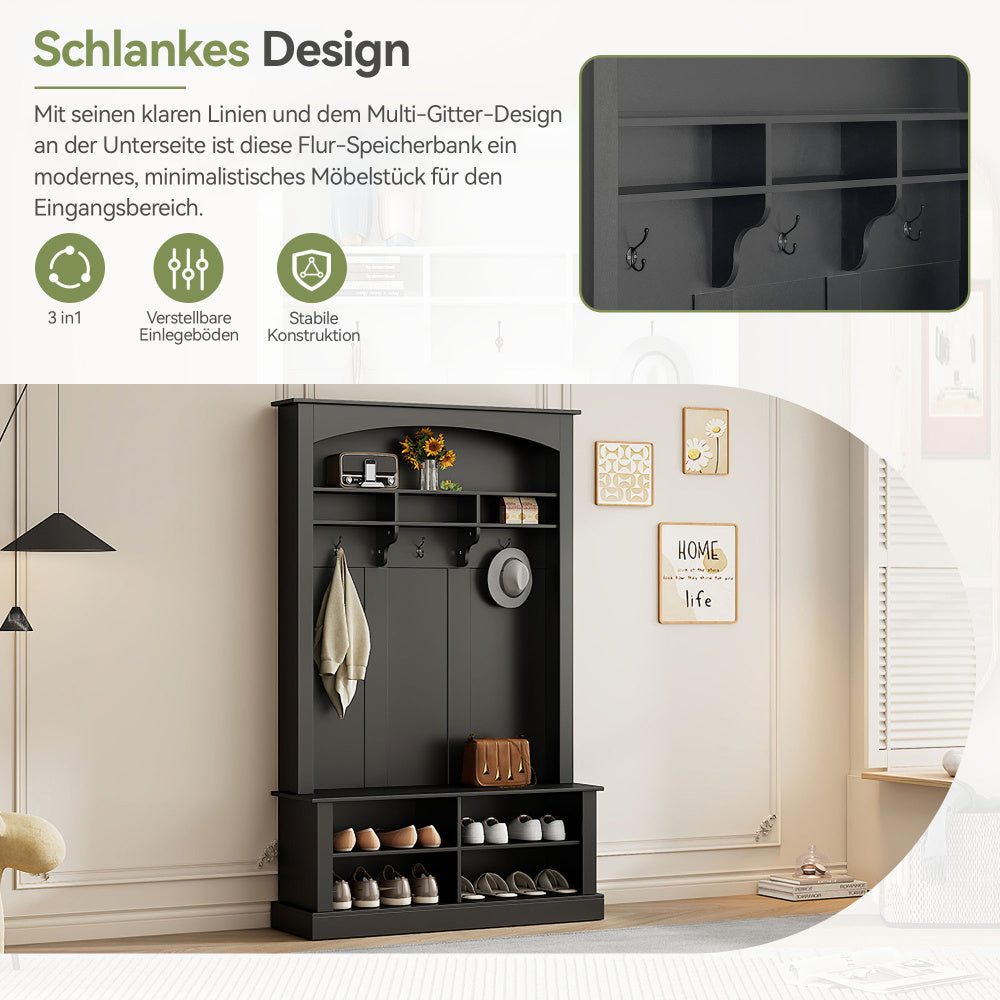 Halbank – Halmeubel – Kapstokbank – Schoenenbank – Entreebank – Zwart-Wit – Duurzaam MDF Materiaal – Compact Formaat (H190xB120xD40 cm)
