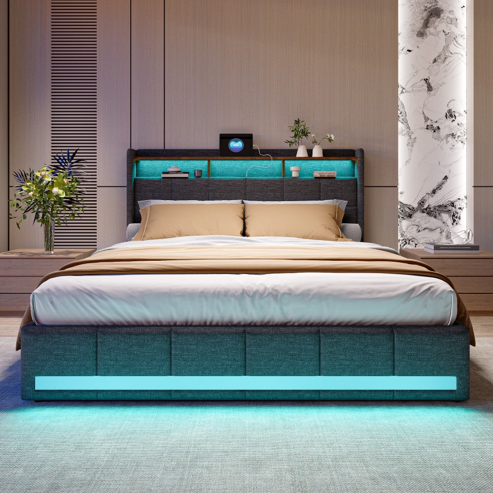 Double Bed with Storage, LED Lighting, 4 Drawers, Storage Function, USB Charging, Quick Assembly, Metal And Linen Bed Frame, Classic, for Adults, Ideal for 8Mj4Txd Bedroom.