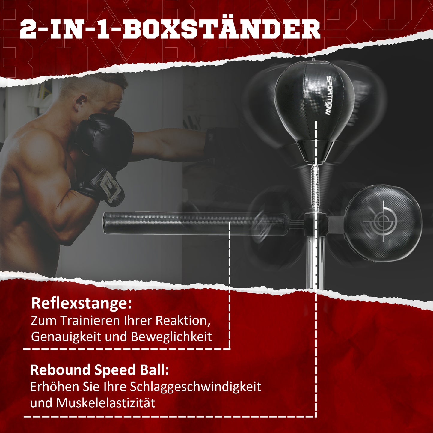 Verstelbare Boksbal – Bokszak – Bokstrainer – Punchingball – Boksdummy – 360° Draaibaar – Hoogte 163-205 cm – Stevig IJzer – Inclusief Bokswraps