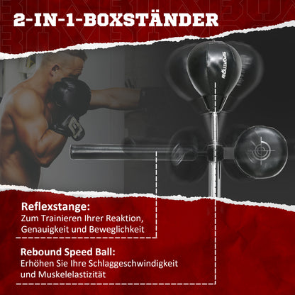 Verstelbare Boksbal – Bokszak – Bokstrainer – Punchingball – Boksdummy – 360° Draaibaar – Hoogte 163-205 cm – Stevig IJzer – Inclusief Bokswraps