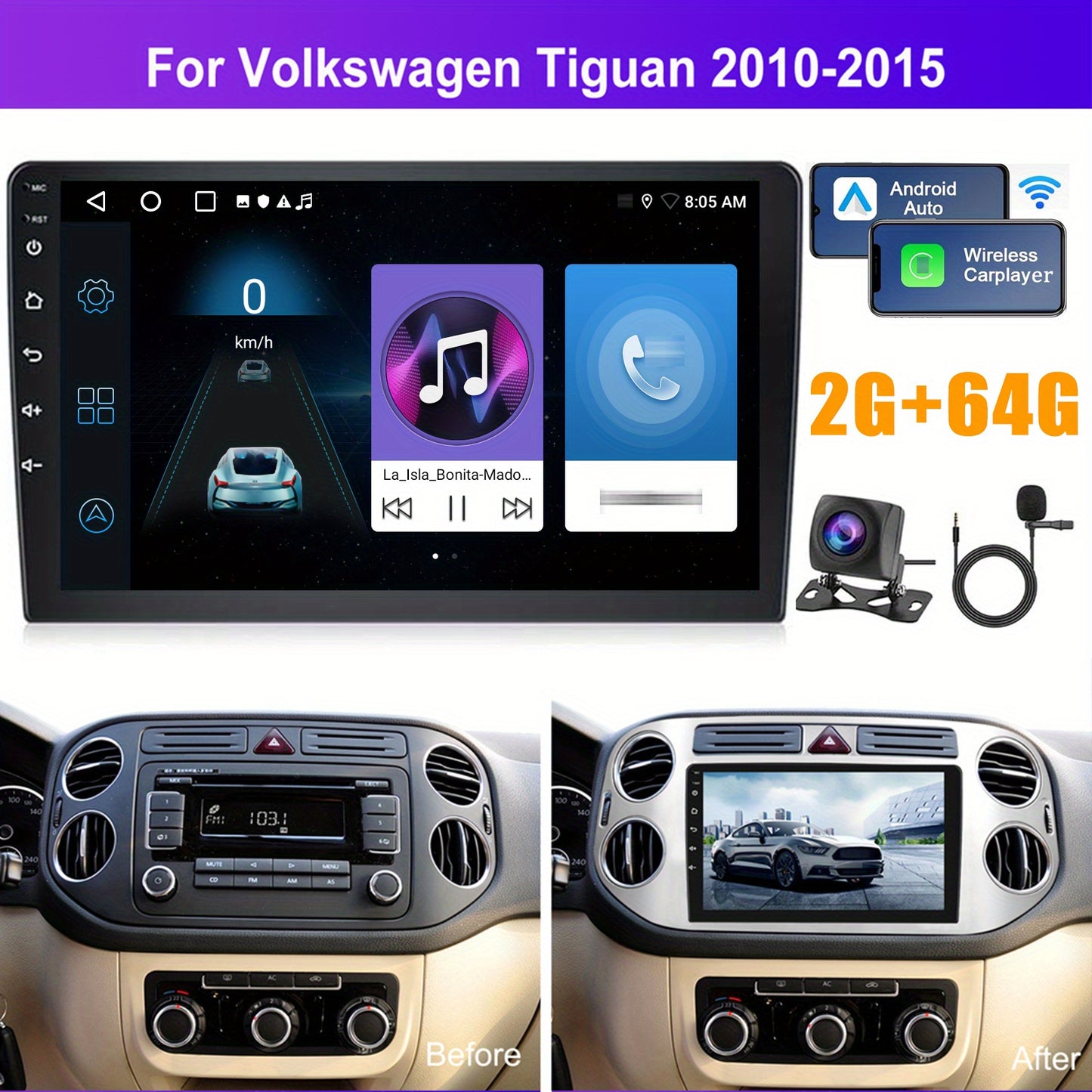 PODOFO Android 13 Car Radio For Volkswagen Tiguan 2010-2015, 22.86 cm 2 DIN Touchscreen with Wireless Carplay Android Car, B/ T GPS WiFi 59UI RDS Mic Reversing, Without Battery