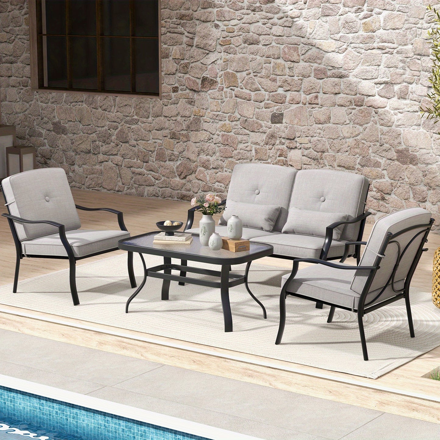 Tuinmeubelen – Loungeset – Loungesetbank – Tuinset – Balkonset – Met Zachte Kussens – Met Gehard Glas Tafelblad – Robuust Metalen Frame – Comfortabele Zit