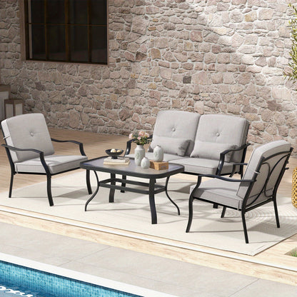 Tuinmeubelen – Loungeset – Loungesetbank – Tuinset – Balkonset – Met Zachte Kussens – Met Gehard Glas Tafelblad – Robuust Metalen Frame – Comfortabele Zit
