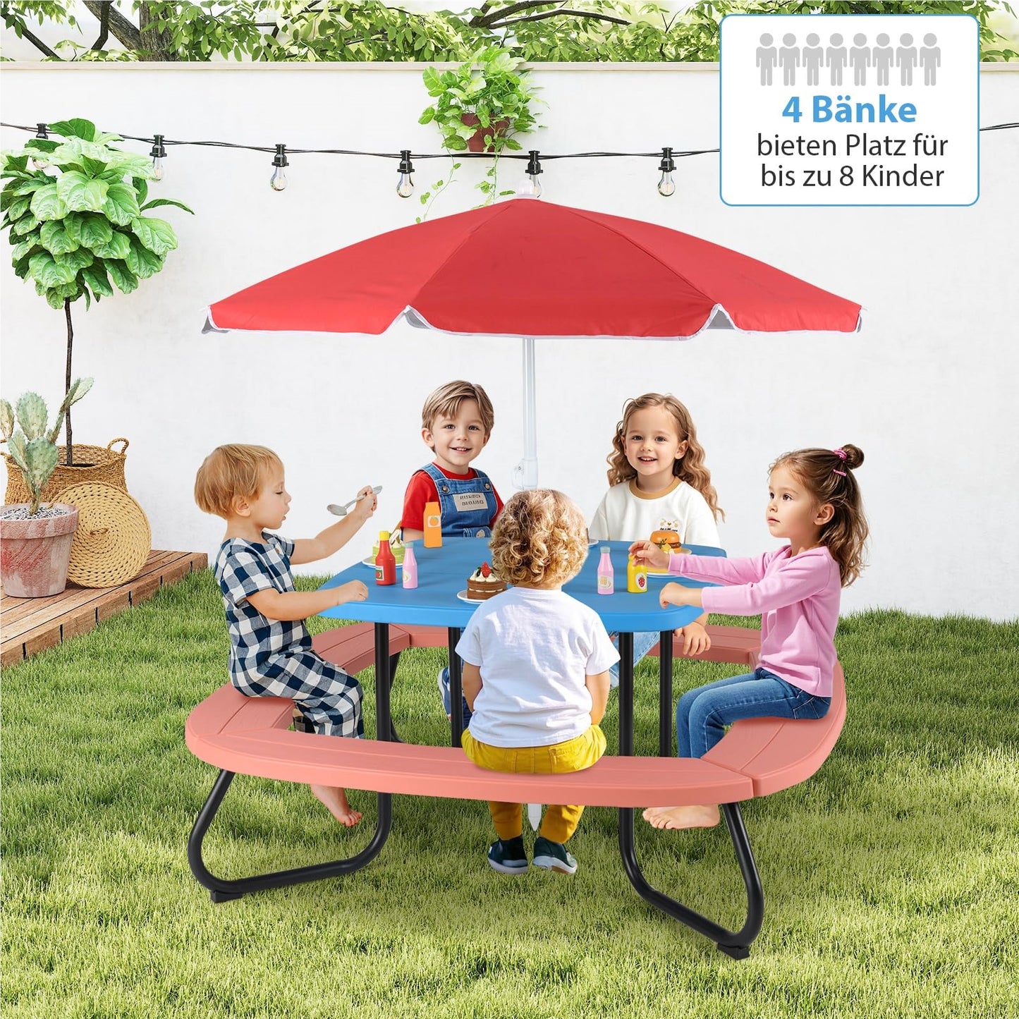 Speelset – Kindertuinset – Picknicktafel – Buitenspeelset – Kinderzitgroep – Voor 8 Kinderen – Verstelbare Parasol – Weerbestendig HDPE Materiaal