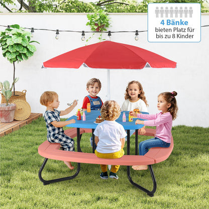 Speelset – Kindertuinset – Picknicktafel – Buitenspeelset – Kinderzitgroep – Voor 8 Kinderen – Verstelbare Parasol – Weerbestendig HDPE Materiaal