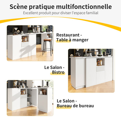 360° Rotating Marble Top Bar Island Table with Storage Shelves - Modern White Multifunctional Workstation, Easy Assembly Space-Saving design for small homes/Offices/Kitchens (210x30x100.9cm, Metal Frame)
