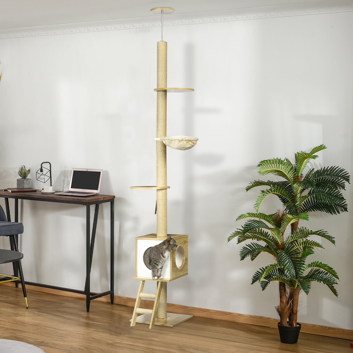 Krabpaal – Krabmeubel – Klimpaal – Kattenhuis – Hangmat – Lichtbruin en Beige – 260 cm Hoogte – Plafondbevestiging voor Extra Stabiliteit