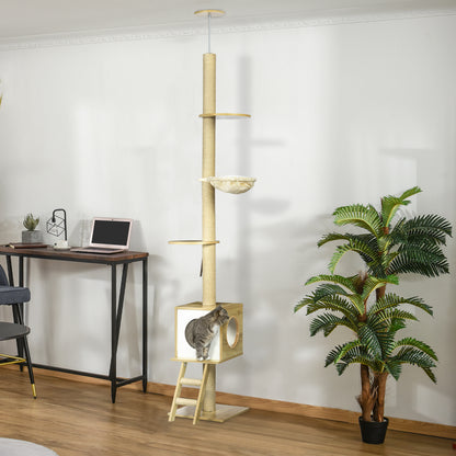 Krabpaal – Krabmeubel – Klimpaal – Kattenhuis – Hangmat – Lichtbruin en Beige – 260 cm Hoogte – Plafondbevestiging voor Extra Stabiliteit