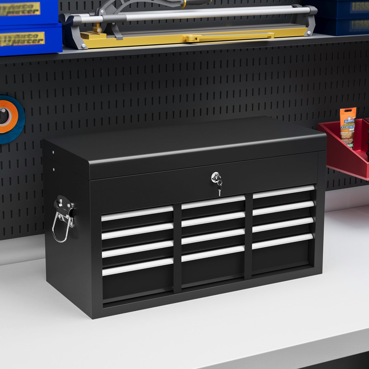 Gereedschapskist – Gereedschapsbox – Opbergkist – Werkplaatskist – Toolkist – Zwart Staal – Afsluitbaar Met 3 Lades – 60x26x34 cm Compact