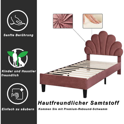 Eenpersoonsbed – Bedframe – Jongerenbed – Logeerbed – Kinderbed – Roze Fluwelen Hoofdbord – Stevig MDF Frame – 90x200 cm