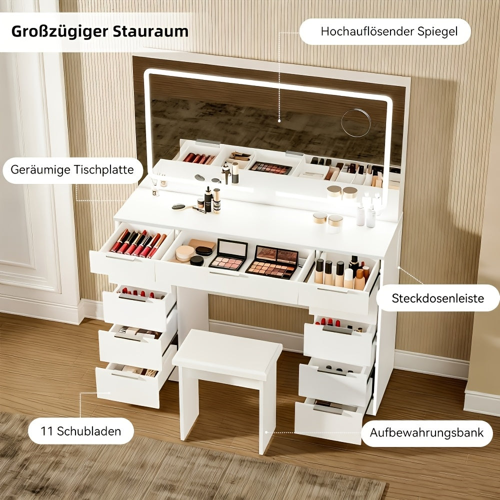 Kaptafel – Make-up Tafel – Toonbank – Dressoir – Schoonheidstafel – Wit – 11 Lades – Verstelbare LED Spiegel – Glazen Tafelblad – Inclusief Krukje