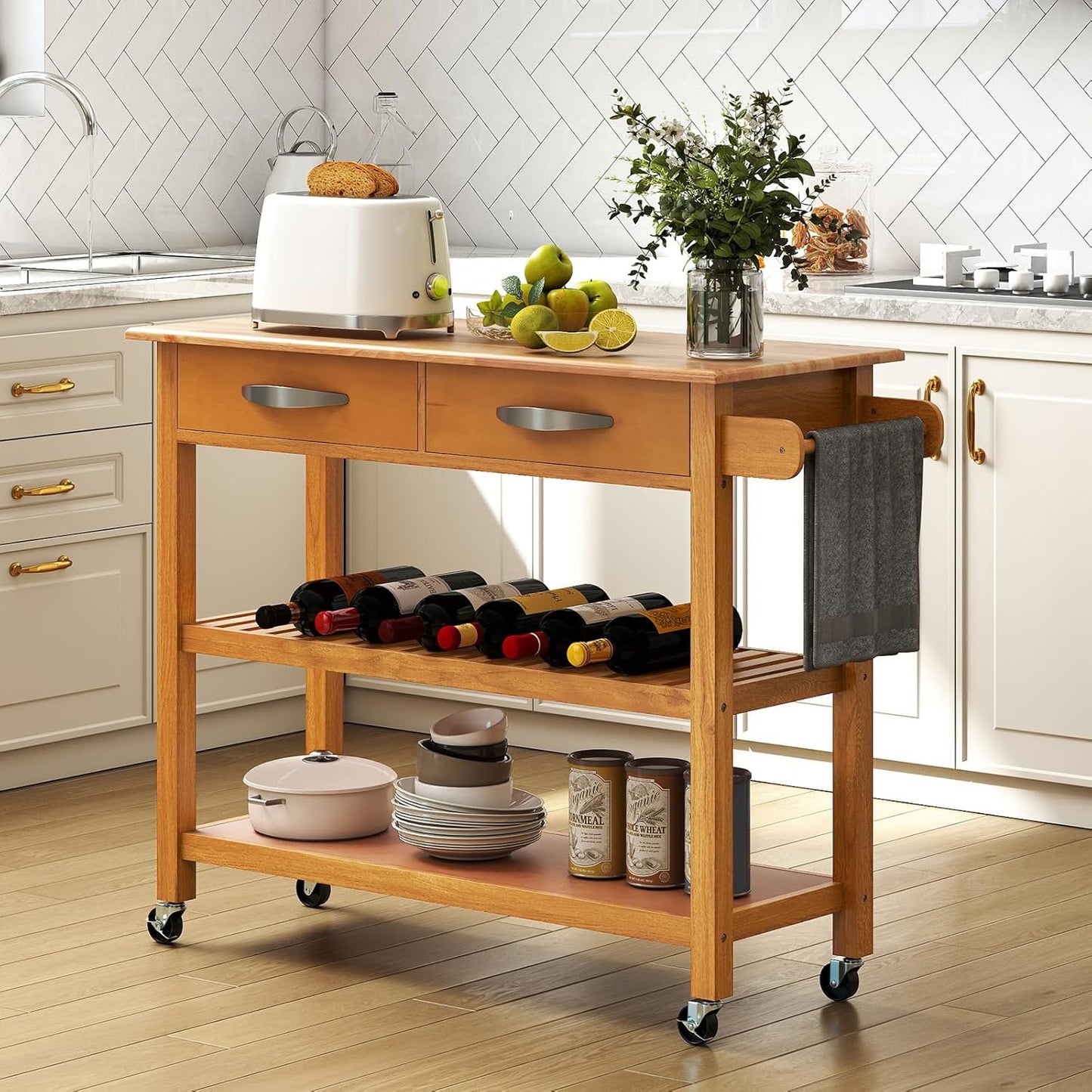 Keukentrolley – Keukenwagen – Servierwagen – Keukenbuffet – Mobiele Keukenwagen – Bruin Houten Frame – 2 Laden & 2 Open Planken – Grote Werkplek 106x44 cm – 4 Zwenkwieltjes Met Rem