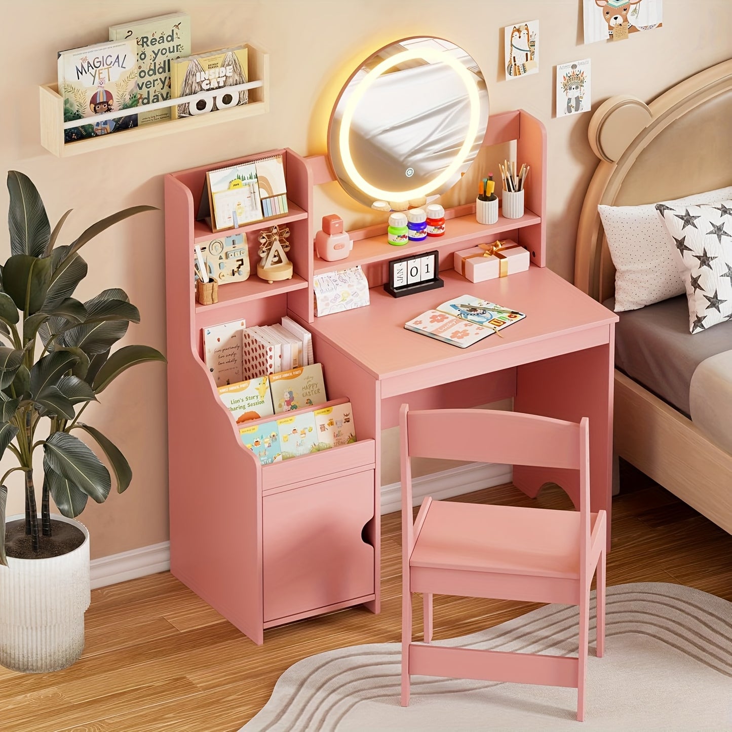 Make-up Tafel – Kaptafel – Make-up Organizer – Opbergtafel – Vanity Set – Wit en Roze – Met Spiegel en Kruk – Duurzaam Hout en Kunstplaat – Inclusief Opbergvakken