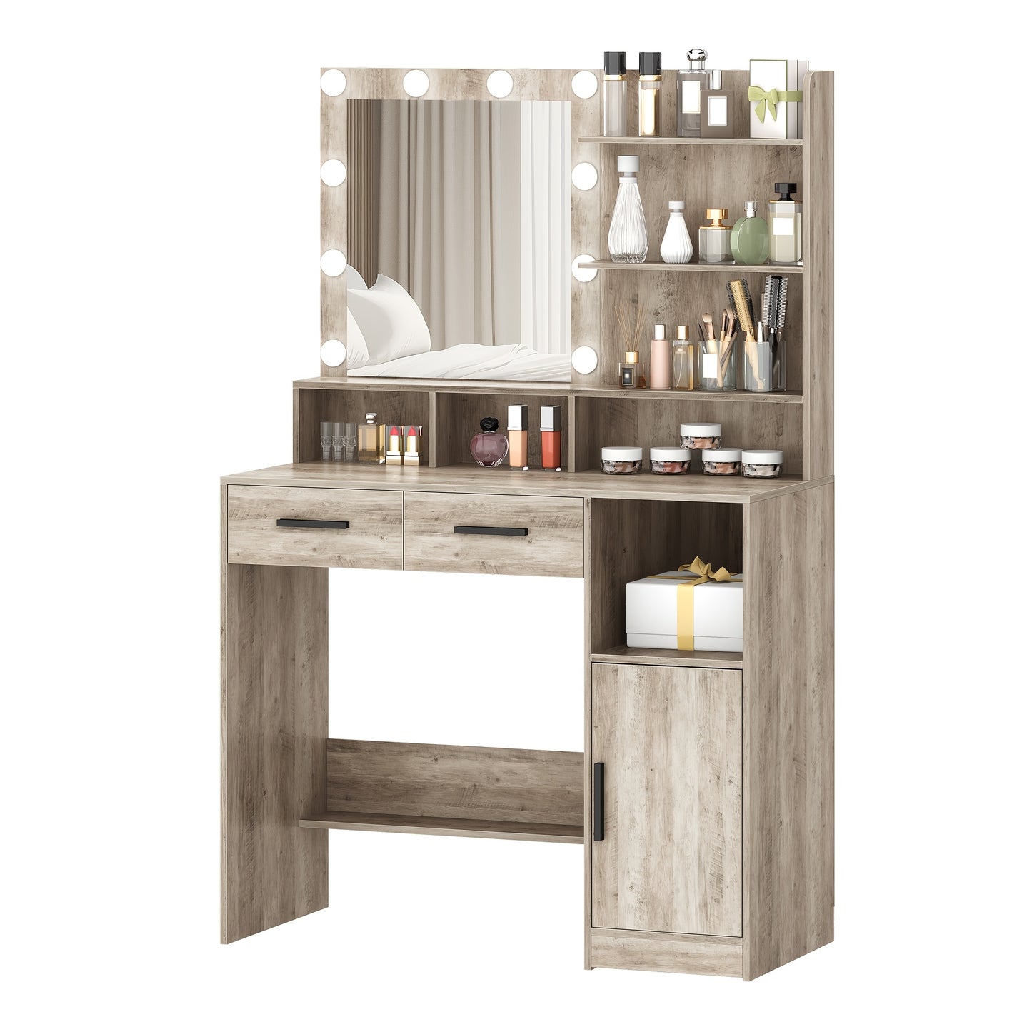 Makeuptafel – Kaptafel – Cosmeticatafel – Vanitafel – Spiegeltafel – Met 10 Verstelbare LED-Lampen – 90x40x140 cm – MDF & Spaanplaat