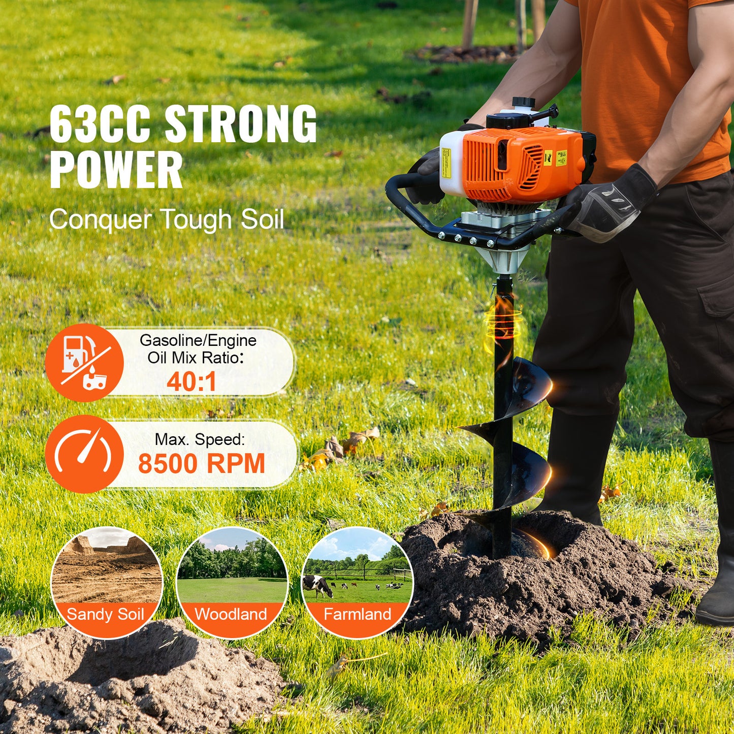 Grondboor – Palenboor – Bollenboor – Tuinboor – Benzinegrondboor – 63cc Motor – 20 cm Legeringsstaal Boorbit