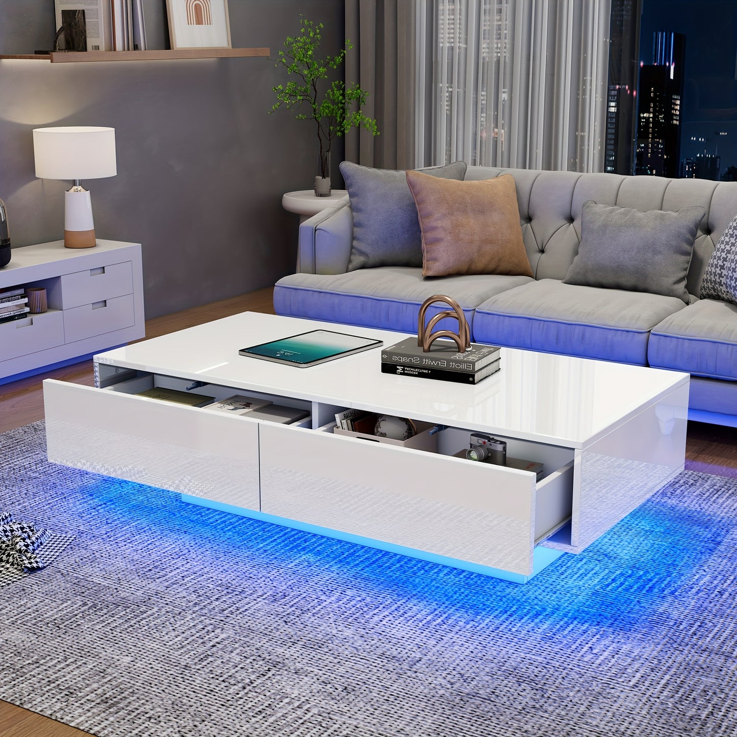 Salontafel – Woonkamertafel – Koffietafel – Bijzettafel – Tafeltje – Hoogglans Wit – 115x55x34 cm – 2 Lade Opbergruimte – Draagvermogen 30 kg