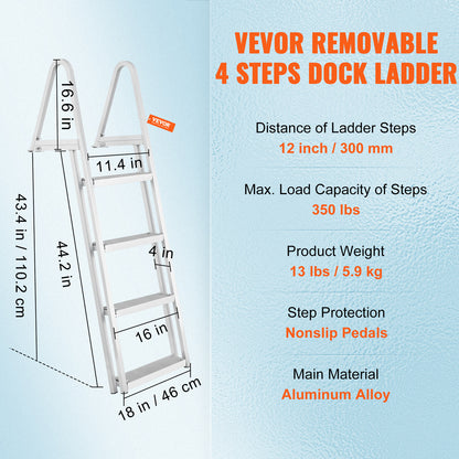 VEVOR Aluminum Dock Ladder Boat Dock Ladder Removable 4 Steps with 350lbs Load