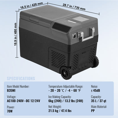 Draagbare Koelkast – Mobiele Koelbox – Koelbox Met Vriesfunctie – Camping Koelkast – 35 Liter Inhoud – Snelkoeling Tot -20°C