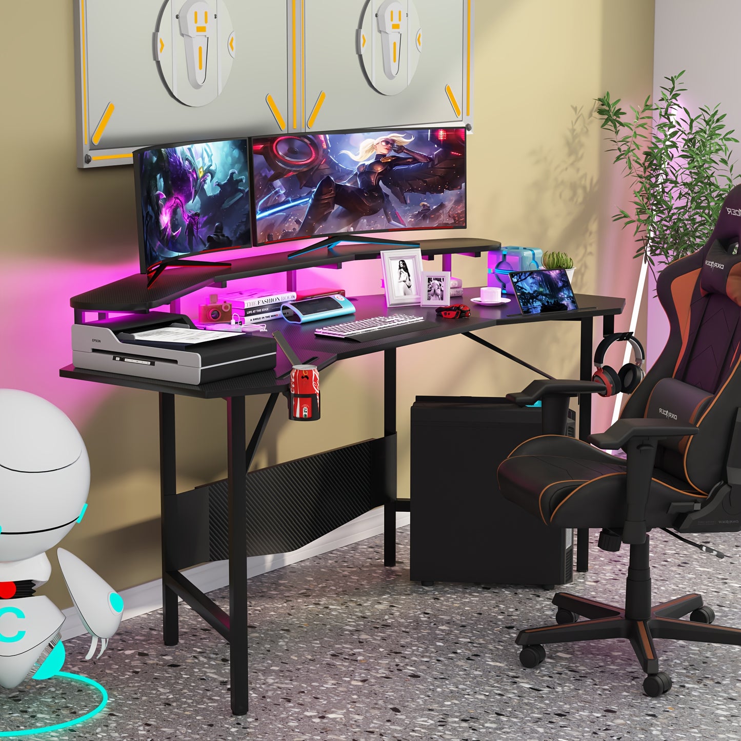 Gaming Bureau – Gamingbureau – Game Desk – Computer Tafel – Gaming Tafel – Met Bekerhouder & Hoofdtelefoonhaak – Stevig MDF Metalen Constructie – Minimaal 27 Inch Hoogte