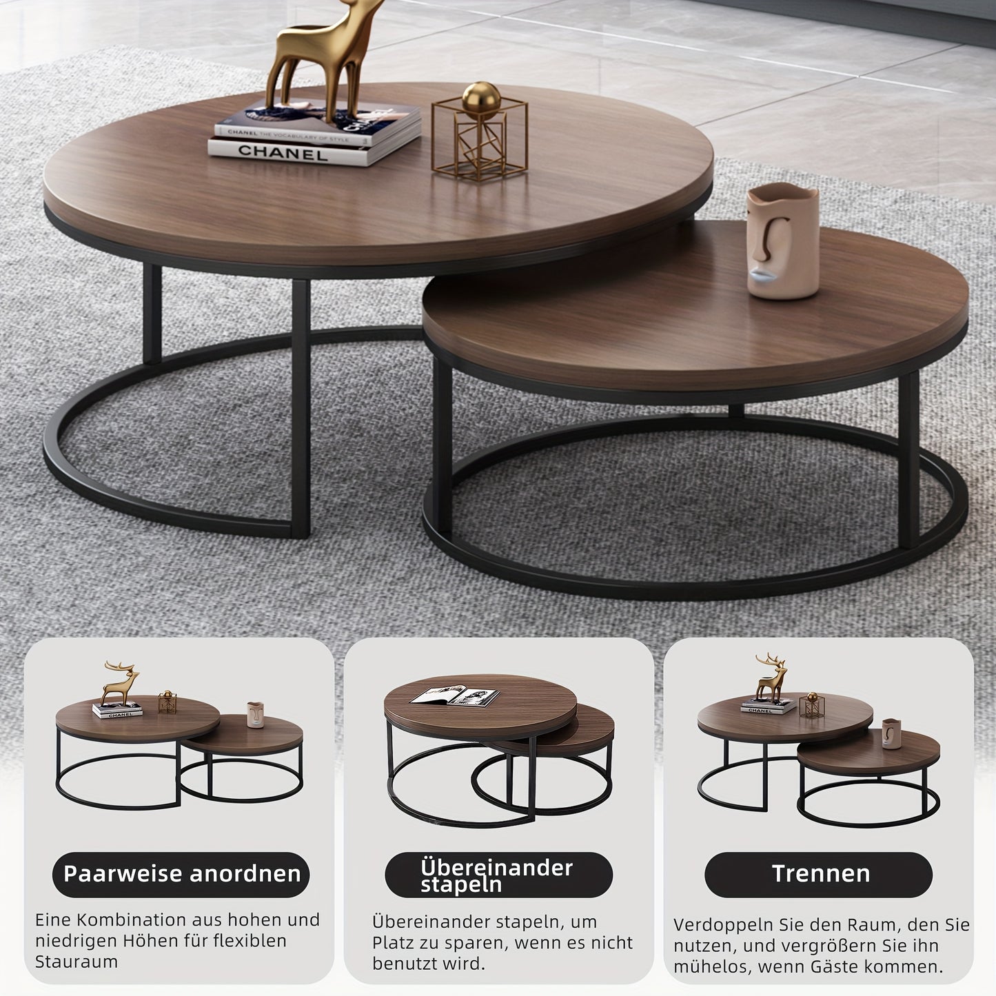 Ronde Koffietafel – Salontafel – Bijzettafel – Tafeltje – Woonkamertafel – Set Van 2 – Walnootkleurig Met Zwart Metalen Frame – Compact En Duurzaam