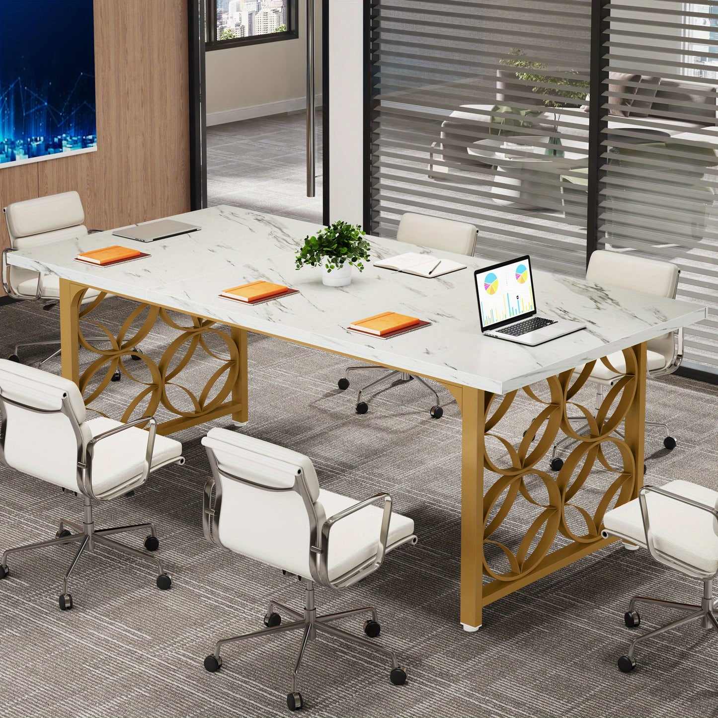 Conferentietafel – Vergadertafel – Bureautafel – Ontmoetingstafel – Werktafel – Wit met Gouden Accenten – Verstelbare Hoogte 68,5 cm – Stevig MDF Tafelblad en Metalen Frame